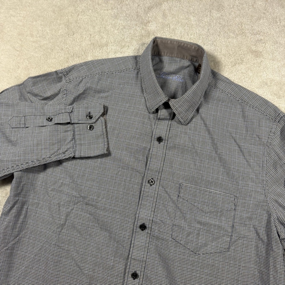 Tasso Elba Button Down Shirt Mens L Black White Micro Check Long Sleeve Cotton